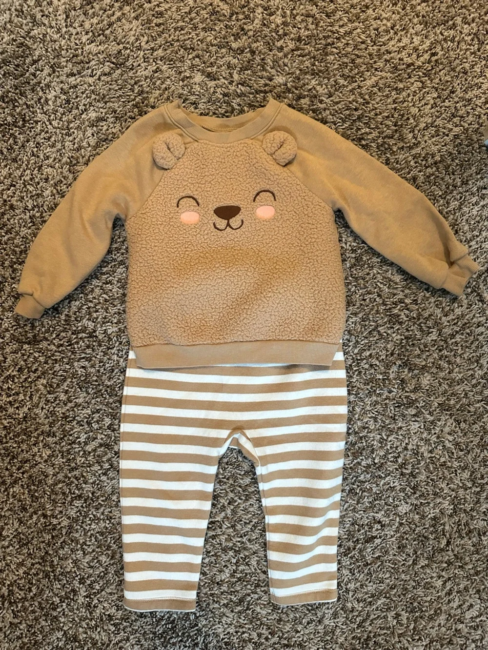 Old Navy Tan Bear Sherpa Top & Tan-and-White Striped Pants